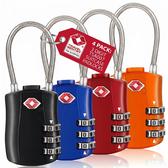 JOGGEIL 4 Pack Luggage Locks TSA Approved, 3-Digit Keyless Suitcase Lock with Flexible Cable, Zinc Alloy Waterproof TSA Padlock for Travel Luggage, Backpack, Gym Locker