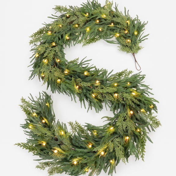 JOGGEIL 6FT Cedar Garland with Lights, Prelit Christmas Garland Artificial Realistic, Real Touch Pine Christmas Garland for Mantle Stairs Outdoor Decoration, Battery Operated Faux Greenery Garlands