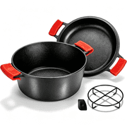 JOGGEIL 7QT Cast Iron Dutch Oven Pot with Skillet Lid, 2-in-1 Pre-Seasoned Double Dutch Oven for Bread Baking, Includes Red Silicone Handle Holders & Trivet, Heavy Duty Cookware for Stovetop & Oven
