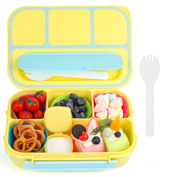 JOGGEIL Bento Box Adult Lunch Box, Lunch Containers for Adult with 4 Compartments,Lunchable Food Container with Utensils,, 40 Oz/5 Cup, Microwave & Dishwasher Safe,Yellow