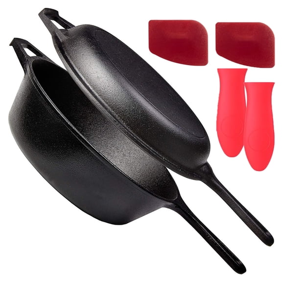 JOGGEIL Cast Iron Skillet with Lid,2-in-1 Multi Cooker,Deep Pot + Frying Pan,3-Qt Dutch Oven,Pre-Seasoned Oven Cookware,Works for Bread, Indoor/Outdoor, Grill, Stovetop and Induction
