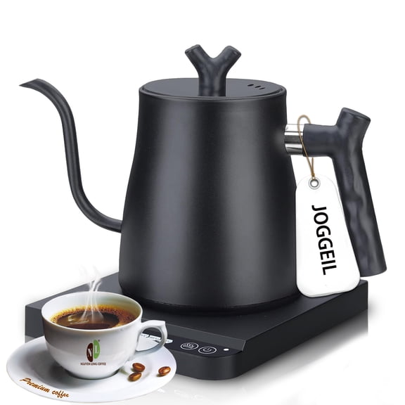 JOGGEIL Electric Gooseneck Kettle, 28Oz Pour Over Electric Kettle for Tea and Pour over Coffee, 1200 W Fast Boil, 100% Stainless Steel Inner, 36-Hour Timer, Stopwatch, Matte Black