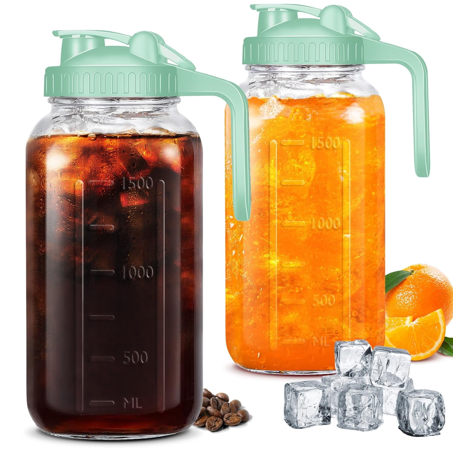 JOGGEIL Glass Pitchers with Lid Set of 2,64OZ Mason Jars with Lid,2 Quart Glass Water Pitcher with Lid,Airtight Seal Wide Mouth Water Jug–Perfect for Cold Brew Coffee,Sun Lemonade, Juice,Milk Green