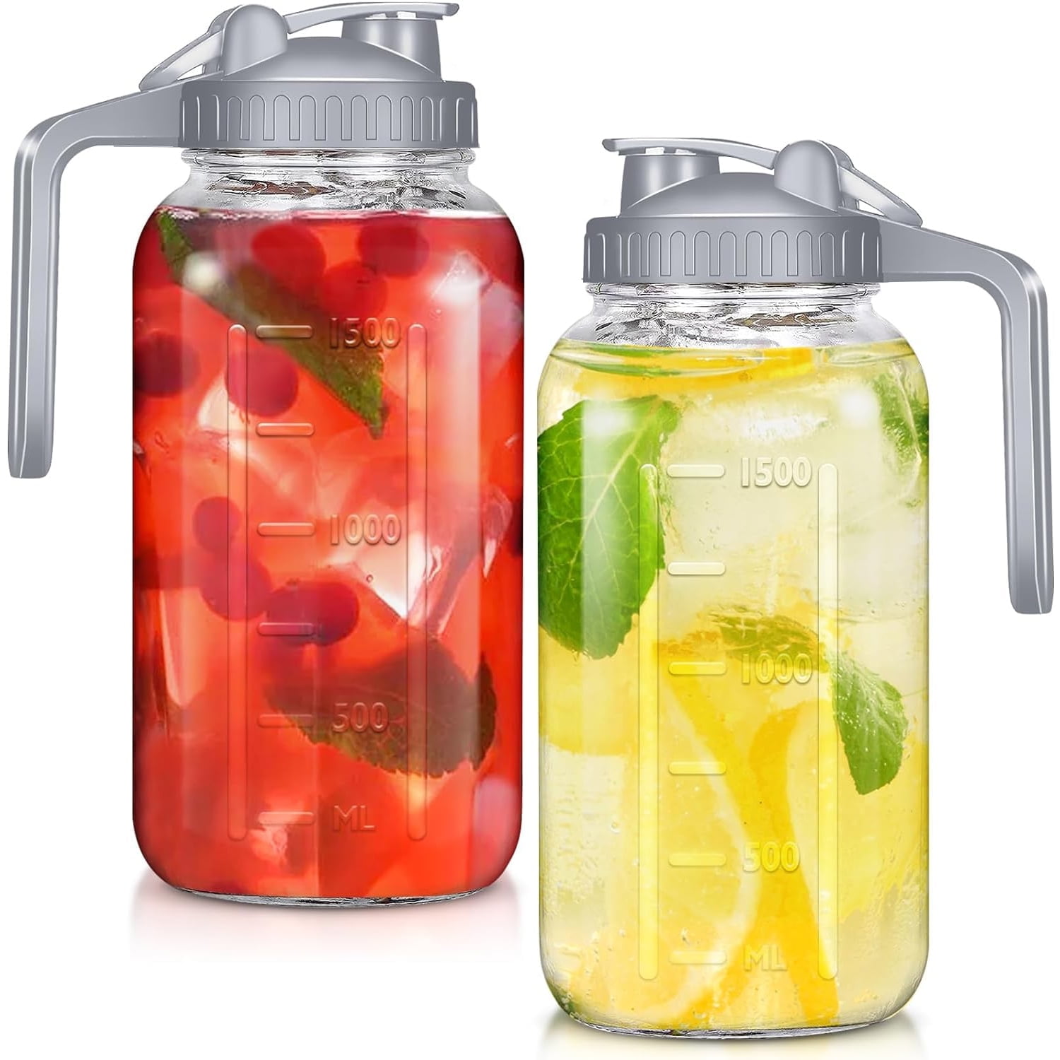 JOGGEIL Glass Pitchers with Lid Set of 2,64OZ Mason Jars with Lid,2 Quart Glass Water Pitcher with Lid,Airtight Seal Wide Mouth Water Jug–Perfect for Cold Brew Coffee,Sun Lemonade, Juice,Milk Gray