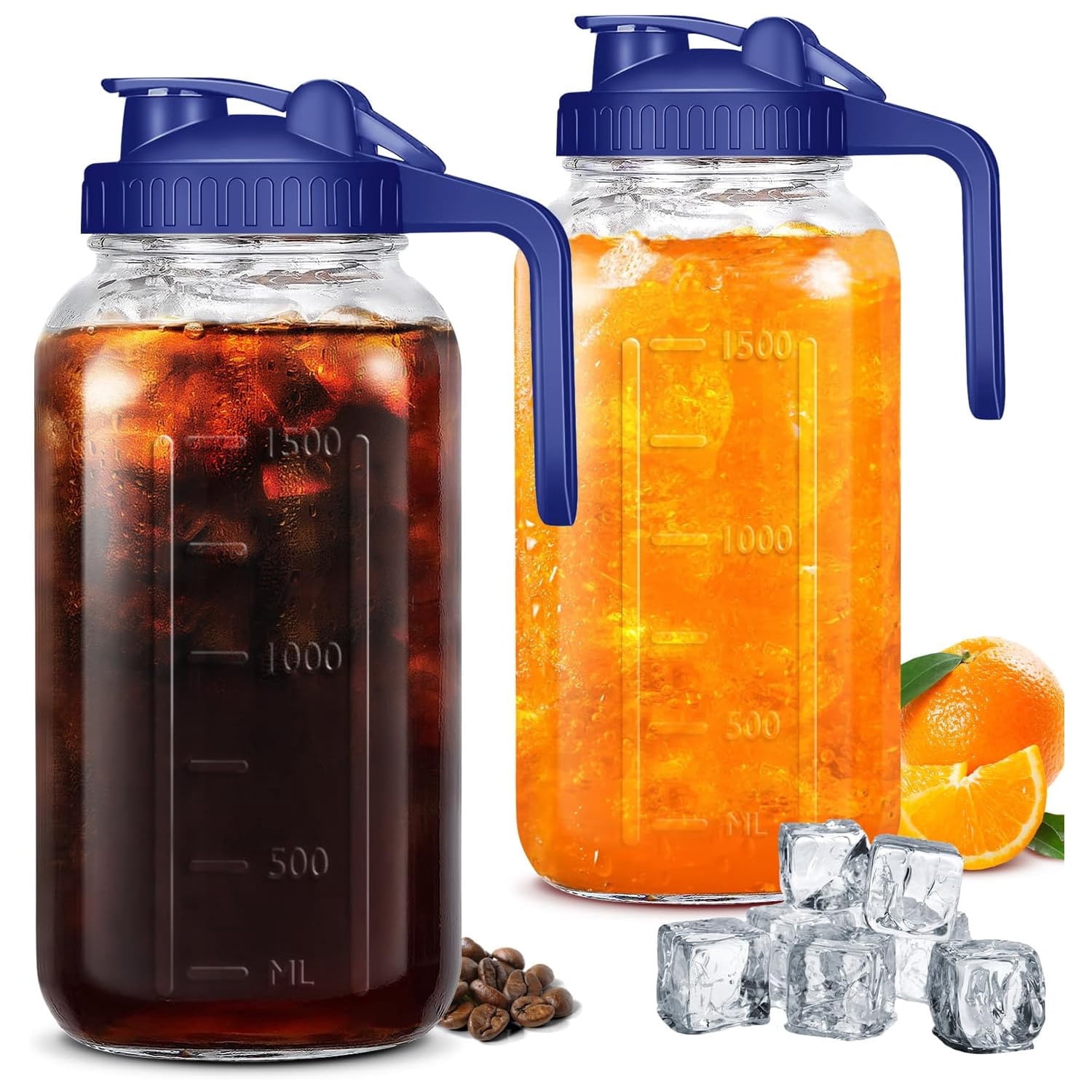 JOGGEIL Glass Pitchers with Lid Set of 2,64OZ Mason Jars with Lid,2 Quart Glass Water Pitcher with Lid,Airtight Seal Wide Mouth Water Jug–Perfect for Cold Brew Coffee,Sun Lemonade, Juice,Milk Blue