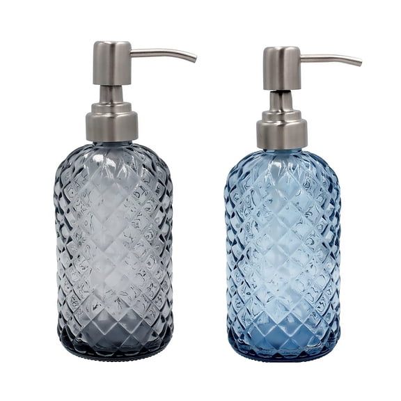JOGGEIL 2Pcs Glass Soap Dispenser, 18Oz Refillable Hand Soap Dispenser with Rust Proof Stainless Steel Pump, Gem Pattern Design for Kitchen and Bathroom,Blue,Gray