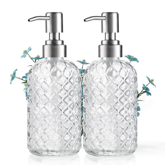JOGGEIL 2Pcs Glass Soap Dispenser, 18Oz Refillable Hand Soap Dispenser with Rust Proof Stainless Steel Pump, Gem Pattern Design for Kitchen and Bathroom,White