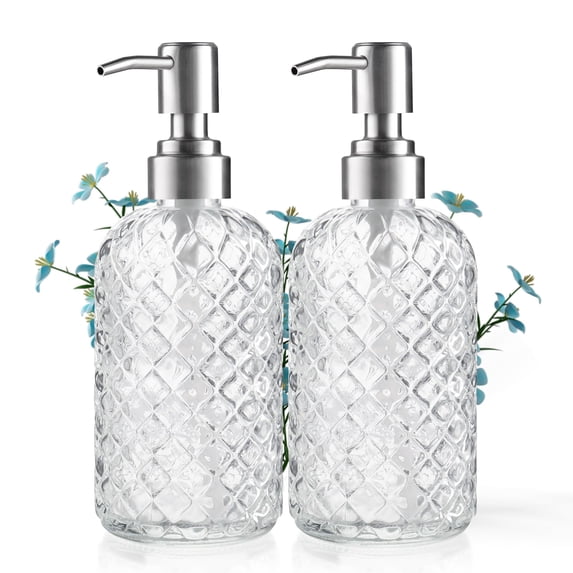 JOGGEIL 2Pcs Glass Soap Dispenser, 18Oz Refillable Hand Soap Dispenser with Rust Proof Stainless Steel Pump, Gem Pattern Design for Kitchen and Bathroom,White