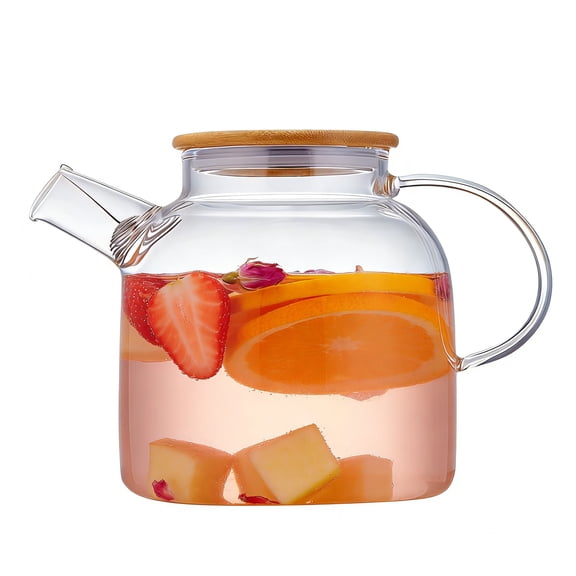 JOGGEIL Glass Teapot 50.7oz/1500ml, Stovetop & Microwave Safe Borosilicate Tea Pot,Clear Teapot with Strainer, Glass Tea Kettle with Wooden Lid for Loose Leaf、Fruit Tea and Fragrant Tea