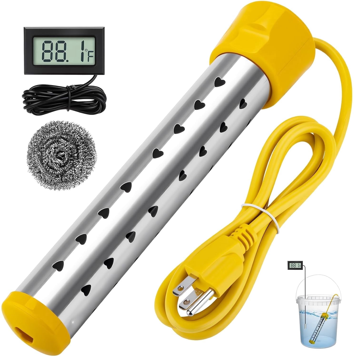 JOGGEIL Immersion Water Heater 1500W with 158°F Auto Shut-off, Portable Submersible Water Heater with Full 304 Stainless Steel Guard and LCD Thermometer, Fast Heating for Bucket, Bathtub, Small Pool