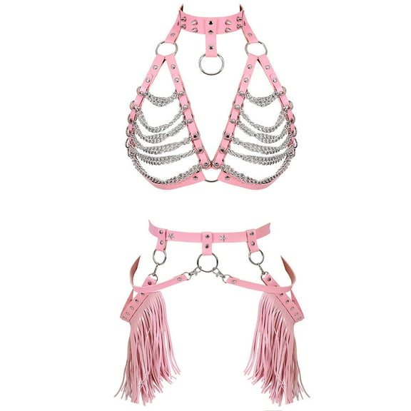 JOGGEIL Leather Body Harness Bra Set for Women Punk Goth Strap Adjust Plus Size Festival Rave Costume Pink