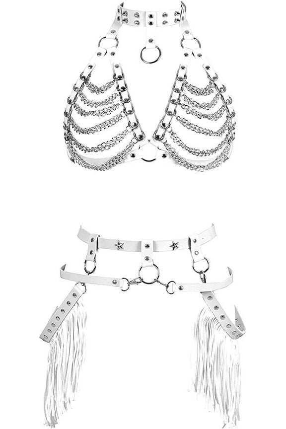 Leather Body Harness Bra Set for Women Punk Goth Strap Adjust Plus Size Festival Rave Costume White