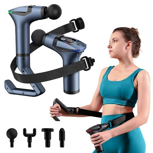 JOGGEIL Massage Gun, 3-in-1 Percussion Muscle Massage Gun with Extended Handle & Massage Belt, Back Massager for Athletes, Muscle Recovery, Back Pain Relief, 4 Heads, LED Display