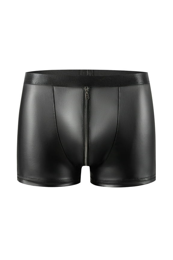 Men's Soft Matte Patent Leather Boxer Shorts with Open-Crotch Design – Sexy Stretchy Underwear | Black L