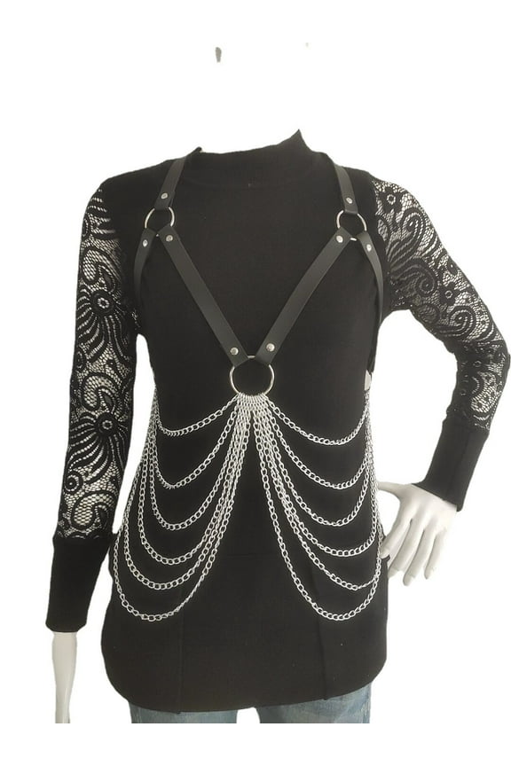 PU Leather Splicing Clothing Accessories, Body Chain for Women - Body Jewelry Metal Chain Belt Harness Gothic Garter Layered Chest Party Rave