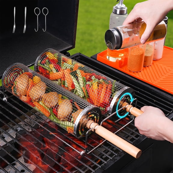 JOGGEIL 7Pcs Rolling Grill Basket, Removable Wooden Handle, 304 Stainless Steel, Nesting BBQ Tools, Smoker Grilling Accessories for Vegetable, Outdoor Cooking Camping
