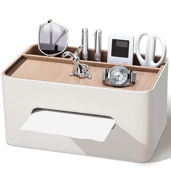 JOGGEIL Tissue Box Cover, Leather Tissue Box Cover with Storage Organizer Tray, Decorative Tissue Holder for Bathroom Vanity, Living Room, Office,White