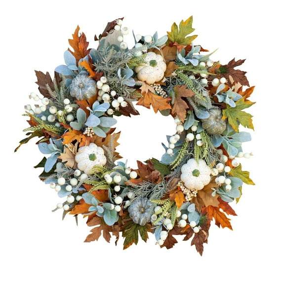 JOGZMZ 18 Inch Halloween Wreath with Pumpkin Accents - Artificial Fall Foliage Door Hanging Decor for Porch, Window, Spooky Party Decoration - Easy to Install