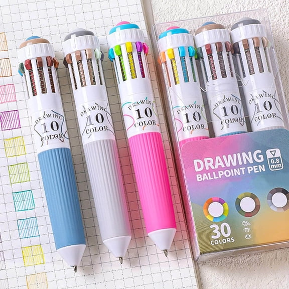 JOGZMZ 30-Color Ballpoint Pen Set, 3-Pack Multi-Color Drawing Pens with 0.8mm Tips, Soft Grip & Fidget Roller for Art and Journaling