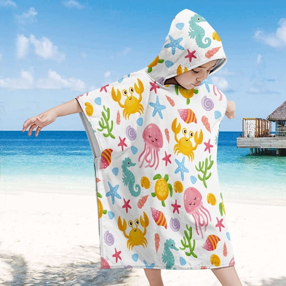 JOGZMZ Kids Hooded Wearable Beach Towel - 23.6×23.6 Inch Sea Animals Printed Beach Towel Lightweight & Sandproof, Quick-Dry for Swimming, Travel, Summer Activities
