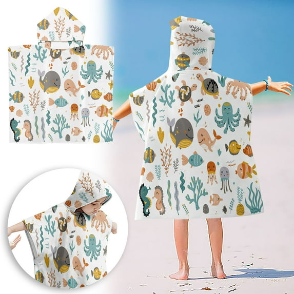 JOGZMZ Kids Hooded Wearable Beach Towel - 23.6×23.6 Inch Sea Animals Printed Beach Towel Lightweight & Sandproof, Quick-Dry for Swimming, Travel, Summer Activities