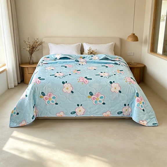 JOGZMZ Lightweight Summer Quilt Air Conditioning Blanket, Floral Print Polyester Quilt, Machine Washable Cool Quilt for Bed, 71x79 Inch