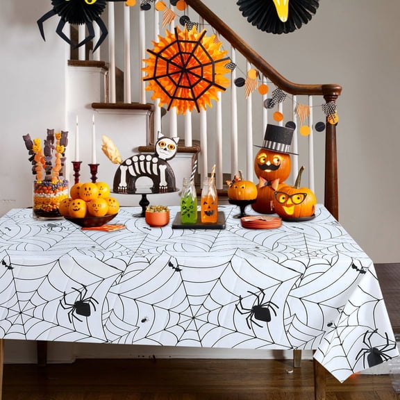 JOGZMZ Spiderweb Halloween Tablecloth 54x108 Inch - Waterproof & Reusable Party Decor with Scary Design for Holiday, Orange/Purple/White