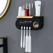 JOGZMZ Tray Bathroom Toothbrush Wall Toothpaste Dispenser, Toothbrush Holders for Bathrooms, 4 Cups Toothbrush Wall Mounted with Toothpaste Dispenser Black 9.84×4.53×2.36In