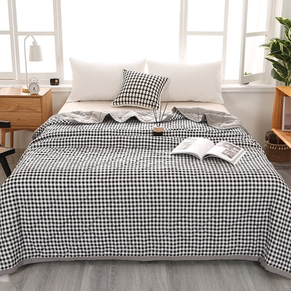 JOGZMZ Washed Cotton Cooling Comforter Gingham Checkered Summer Quilt Lightweight Breathable Blanket for Hot Sleepers Queen Size