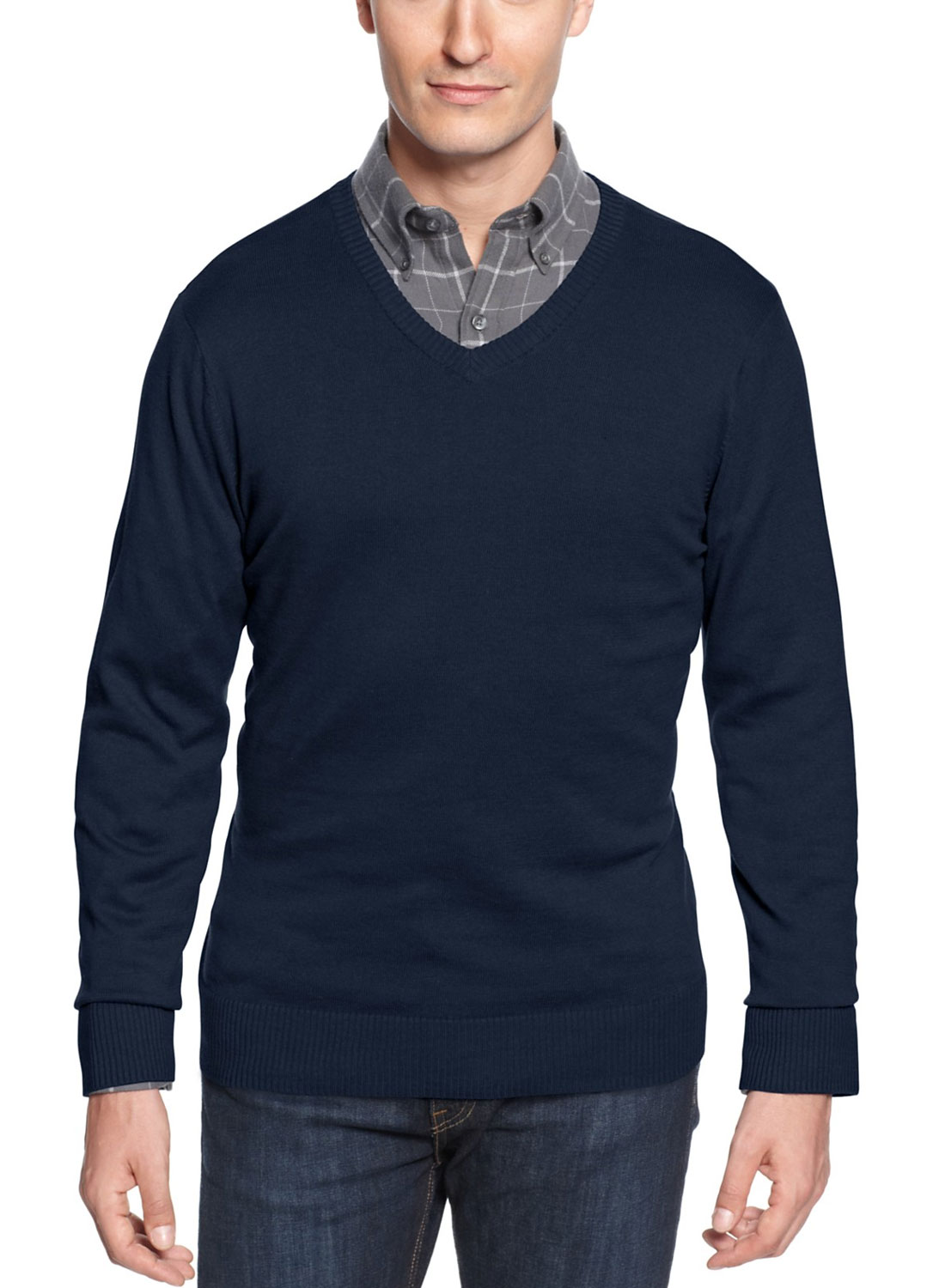 JOHN ASHFORD Mens Cotton V Neck Sweater Navy Blue Pull Over - image 1 of 1