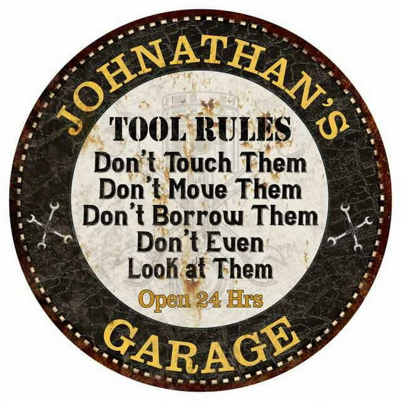 JOHNATHAN'S Garage Rules 14" Round Metal Sign Garage Bar Wall Decor 100140013494