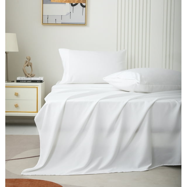 JOHNPEY Queen Bed Sheets Set, 18" Deep Pocket, Fitted Sheet, Flat Sheet, 2 Pillow Cases, White