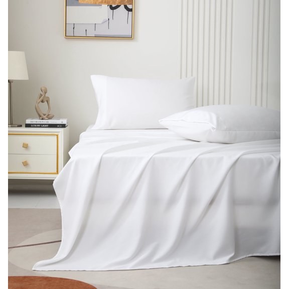 JOHNPEY 18" Deep Pocket Bed Sheets for Queen Size Bed with Fitted Sheet, Flat Sheet, 2 Pillow Cases，White