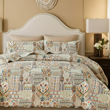 JOHNPEY Botanical Queen Size Quit Set Floral Plant bedding Set Boho Coverlets for All Season,Beige&Red