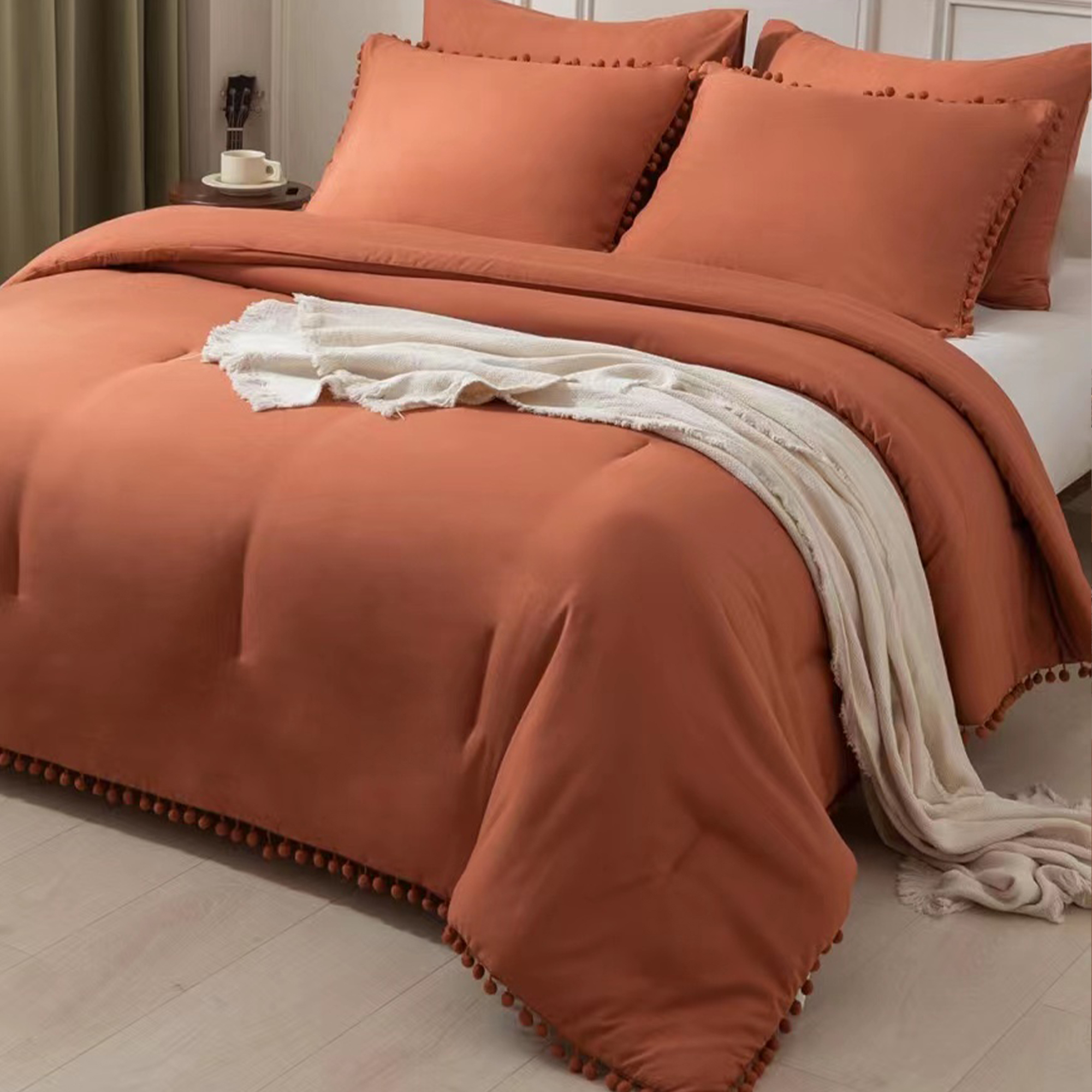 JOHNPEY Orange Pom Pom Fringe Comforter Set, Ultra Soft Microfiber
