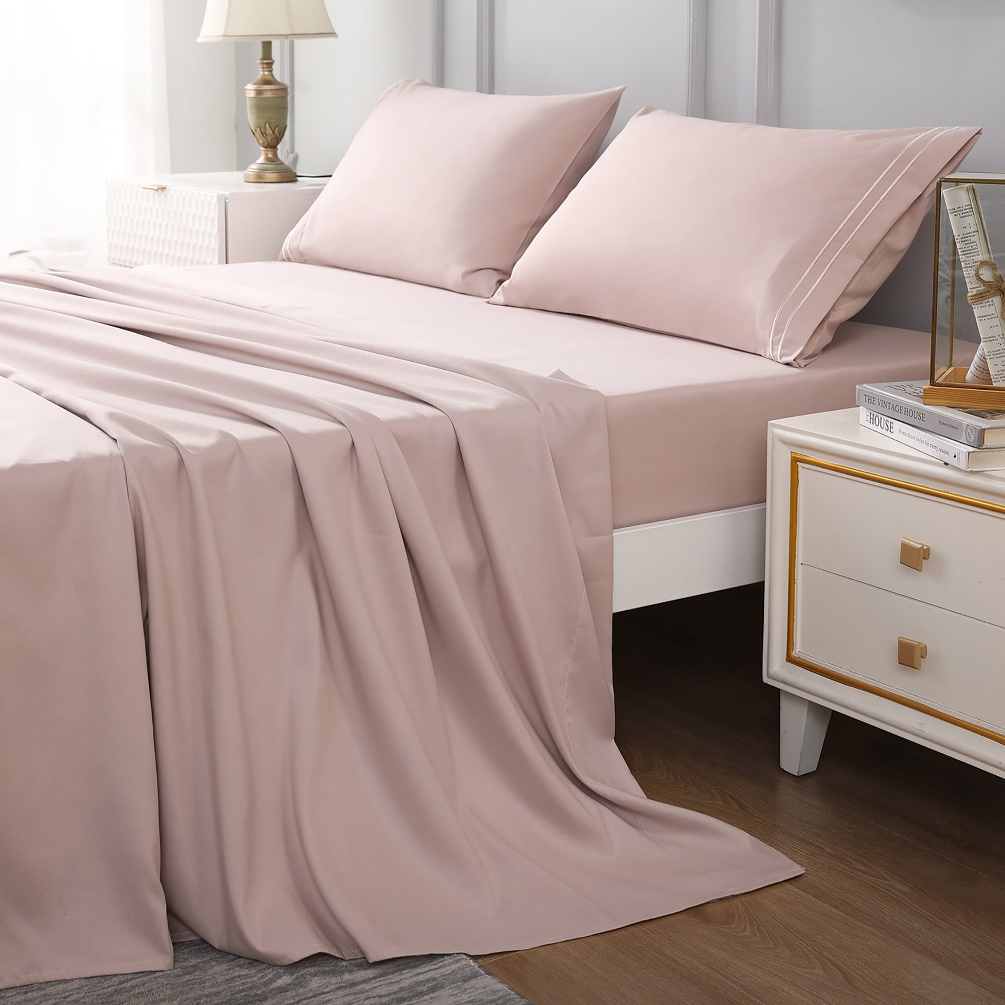 JOHNPEY Pink Sheets Set for Queen Size Bed with Fitted Sheet, Flat