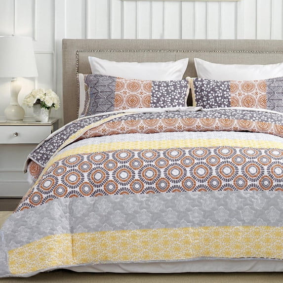 JOHNPEY Quilt Set California King Size-Boho Botanical Quilts Bedding Set All Season Coverlets with Rustic Striped Pattern,Yellow,3 Pieces