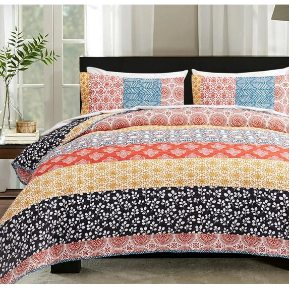 JOHNPEY Quilt Set California King Size-Boho Botanical Quilts Bedding Set All Season Coverlets with Striped Pattern,Red,3 Pieces