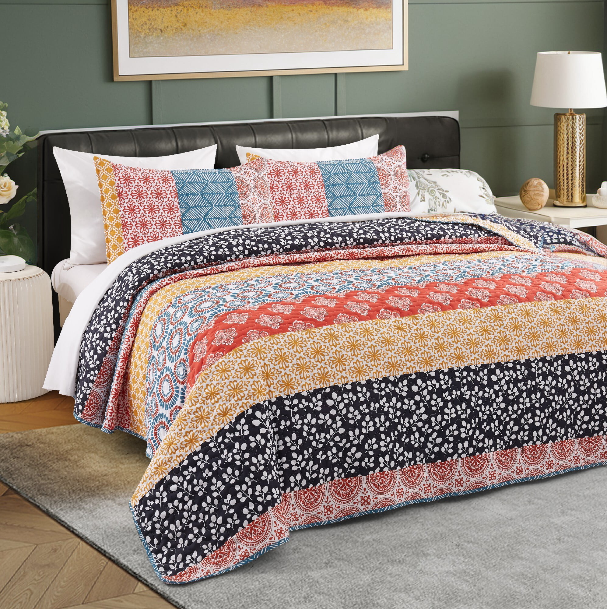 JOHNPEY Quilt Set California King Size-Boho Botanical Quilts Bedding ...