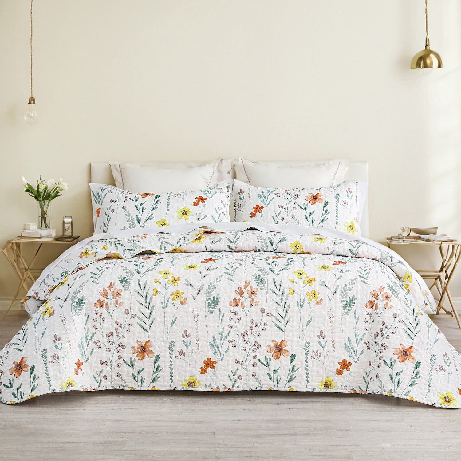 JOHNPEY Quilt Set California King SizeFlower Leaves Quilts Bedding Set All Season Coverlets