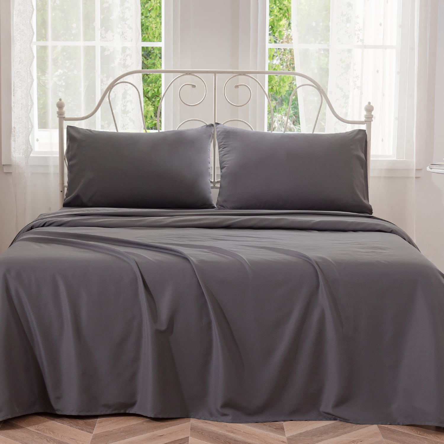 JOHNPEY Silky Bed Sheets Set Bamboo Soft Bed Sheets for Queen Size Bed,Flat Sheet + Fitted Sheet + 2 Pillowcase,Queen,Dark Gray