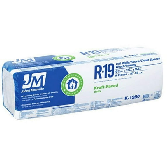 JOHNS MANVILLE INTL INC R19 Kraft Batt Fiberglass Insulation, 87.18 Sq. Ft. Coverage, 6.5 x 15 x 93-In. 90005453
