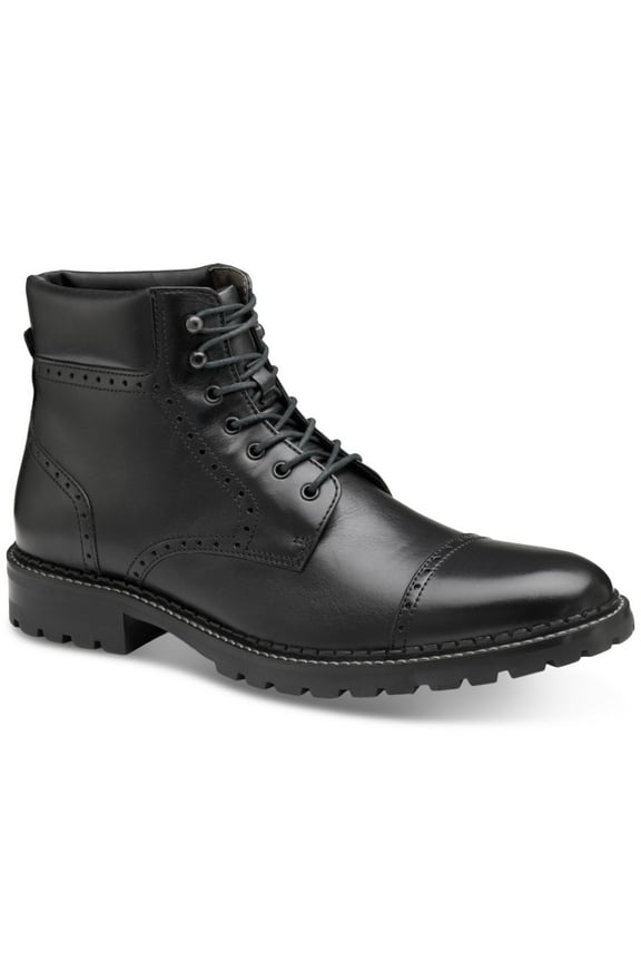 Mens Black Lug Sole Brogue Detailing Cushioned Removable Insole Garrison Cap Toe Block Heel Lace-Up Boots Shoes 8 M