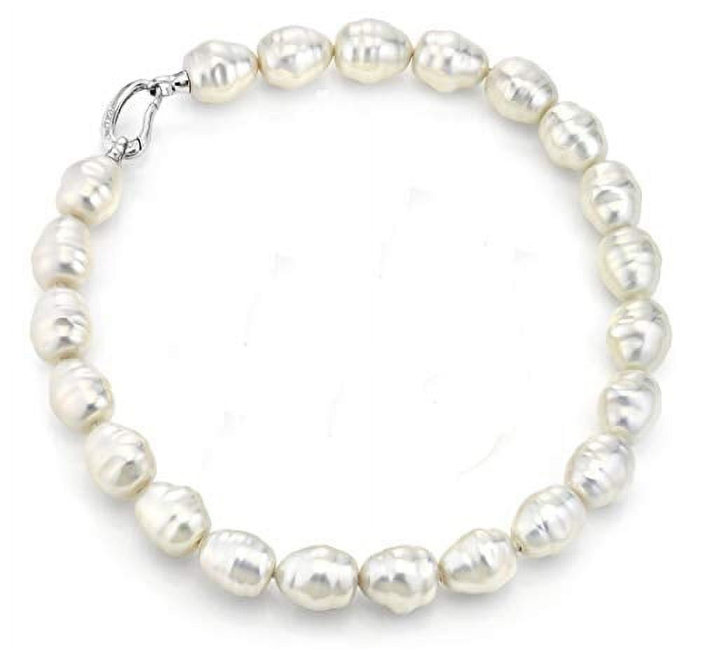 JOIA DE MAJORCA ,14x16mm 18 inch White Barrel Baroque White Pearl Necklace with Rhodium Kidney Clasp