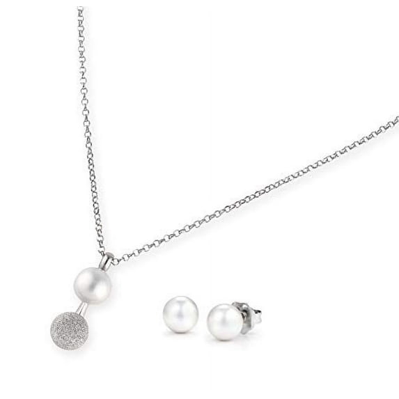JOIA DE MAJORCA, 7mm Man-Made White Pearl on 17 inch Diamond Dusted Silver Ball Pendant with 7mm White Stud Pearl Earring Set, Lustrous, Man-Made Organic Pearls from Majorca Spain