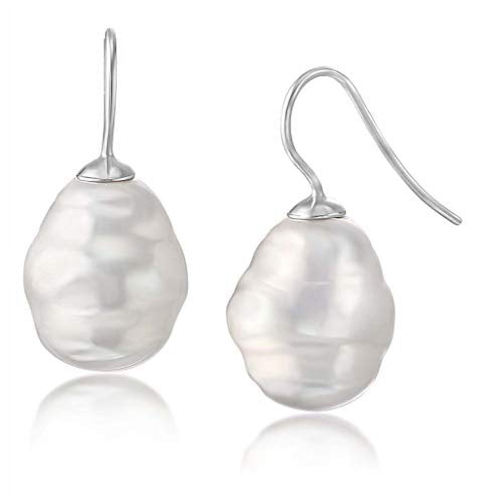 JOIA DE MAJORCA , 14x16mm White Pearl Barrel Baroque Rhodium Hook Earring, Lustrous, Man-Made Organic Pearls from Majorca Spain
