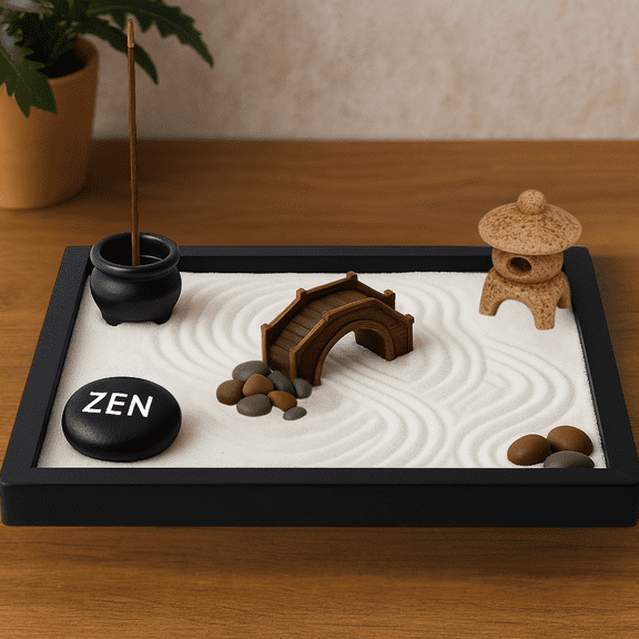 JOICE GIFT Desktop Japanese Zen Garden with Rake Stone Burner Stones Decor
