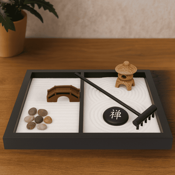 JOICE GIFT Desktop Japanese Zen Garden with Rake Stones Bridge Lantern Decor, ZG02