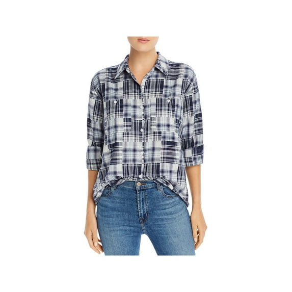 JOIE Womens Navy Plaid Long Sleeve Collared Button Up Top Size: S