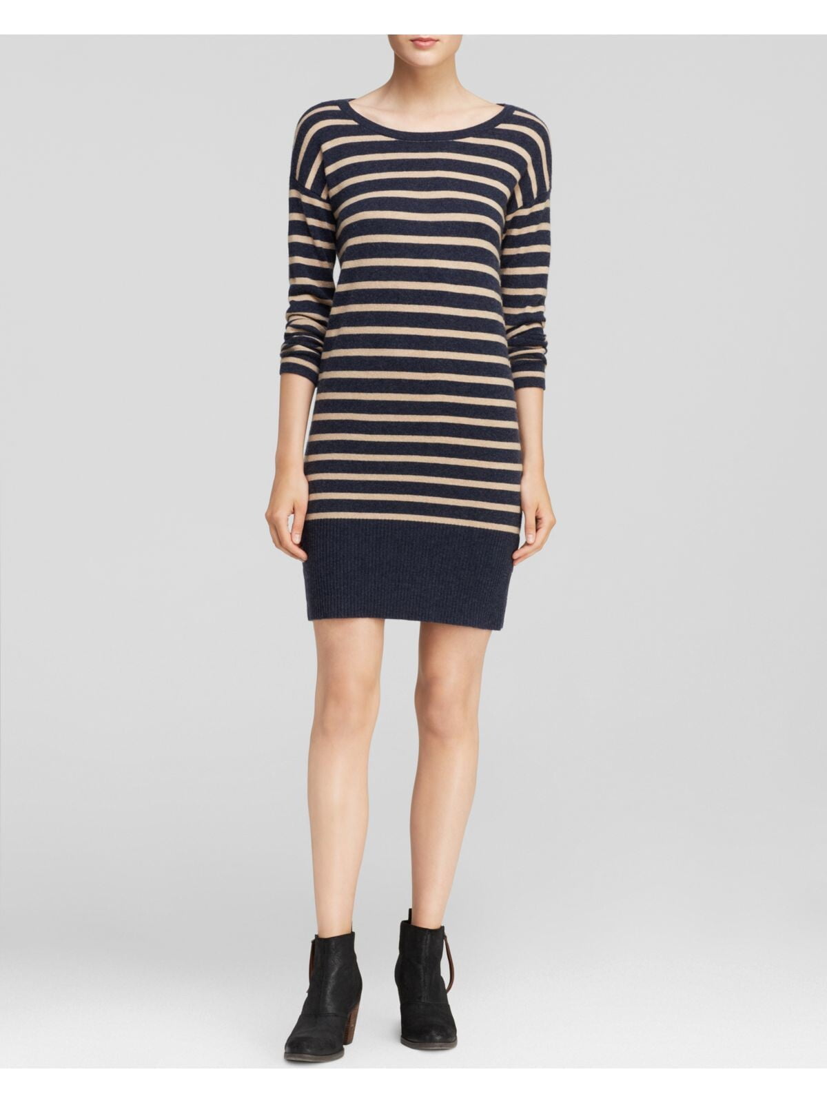 JOIE Womens Navy Striped Long Sleeve Crew Neck Knee Length